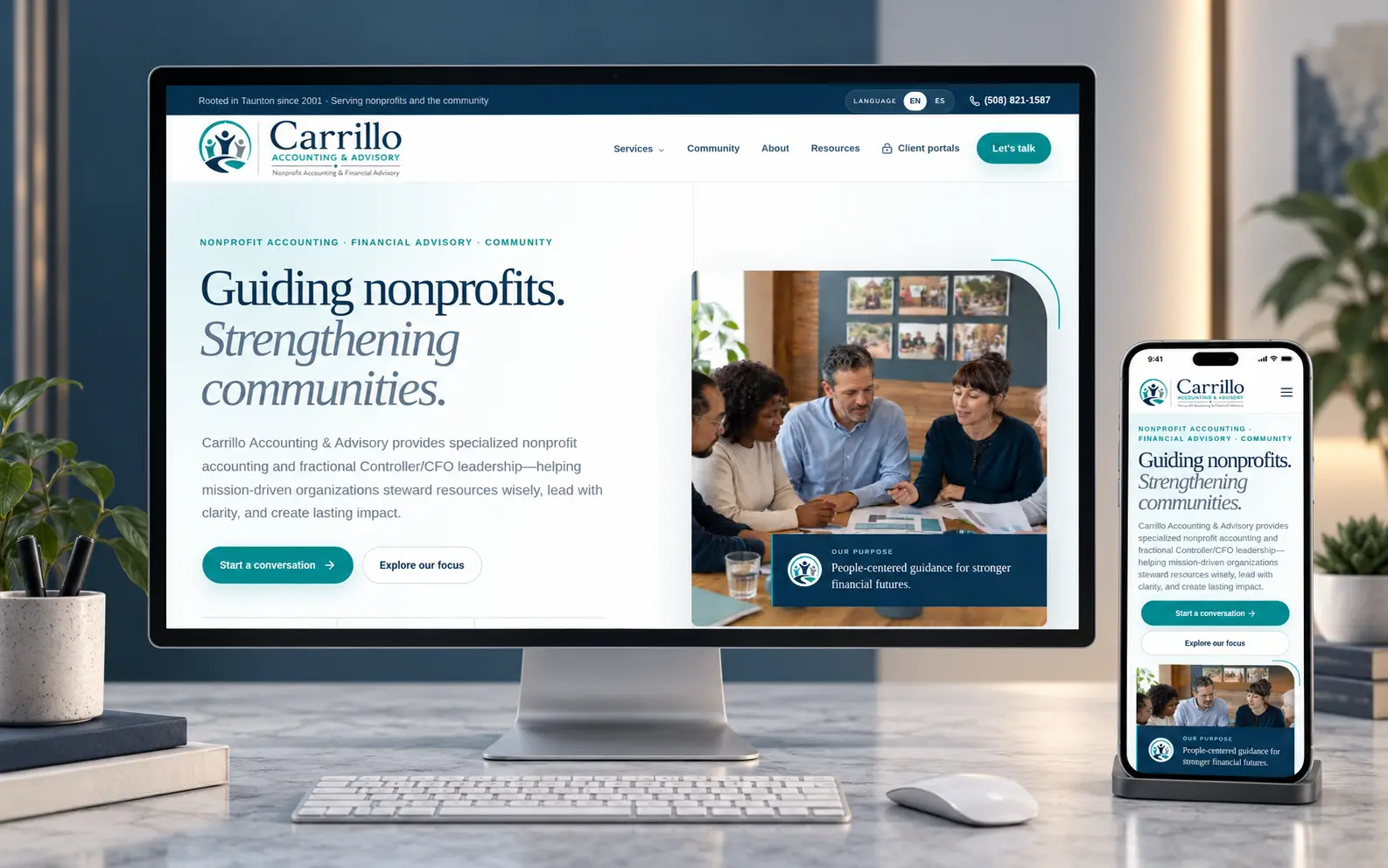 Carrillo Accounting and Advisory website design shown on a desktop screen and mobile phone