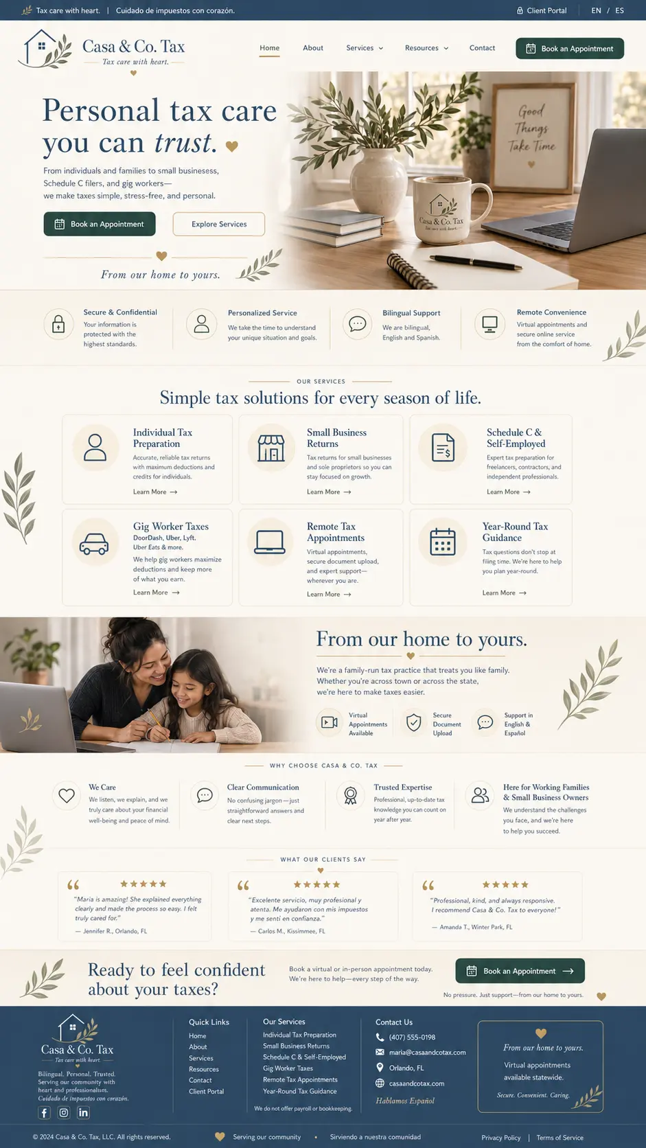 Casa and Co. Tax website design showing tax services, bilingual support, and appointment options