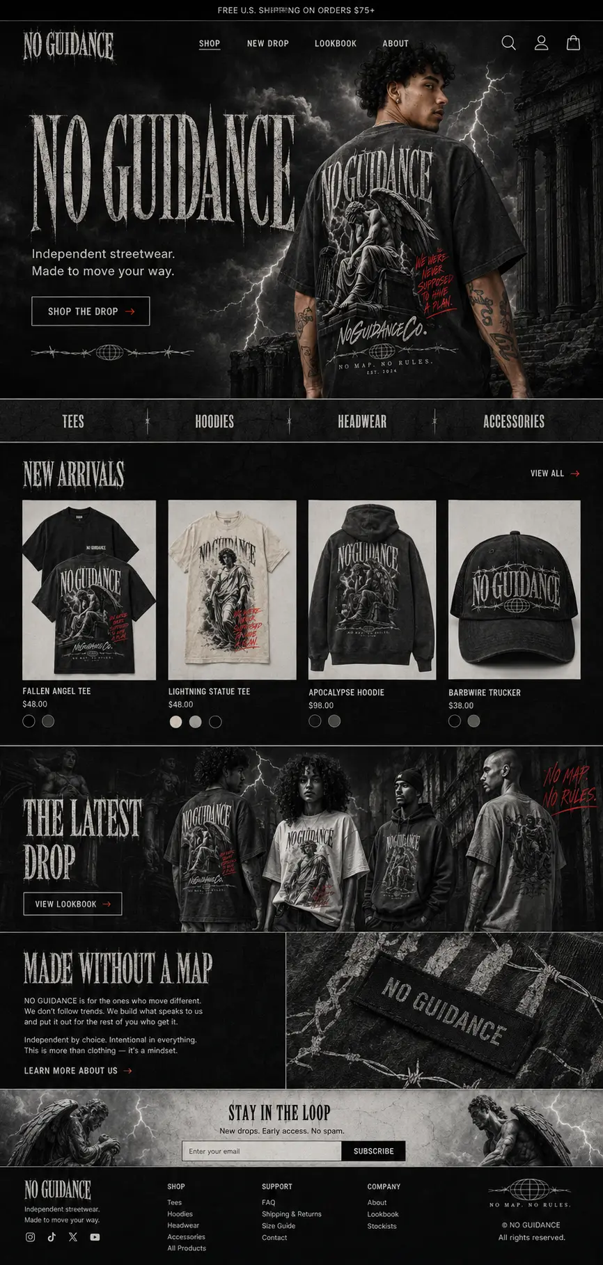 No Guidance streetwear storefront design, featuring the collection and product categories